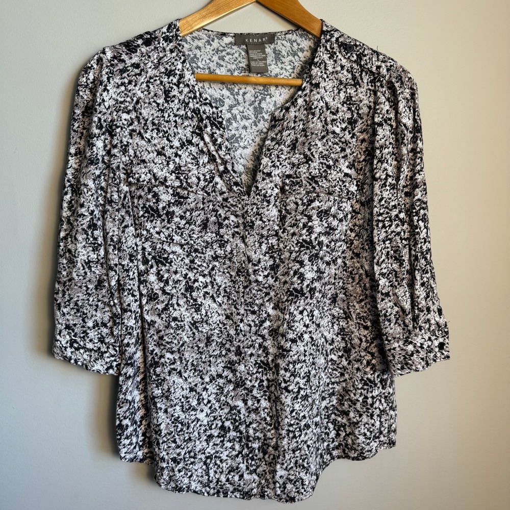 Kenar Womens Abstract 3/4 Sleeve Popover V-Neck Rayon Blouse Multicolor Size L